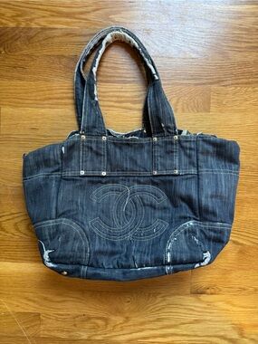 Chanel Sparkling Dark Denim Quilted CC Tote Bag 2006